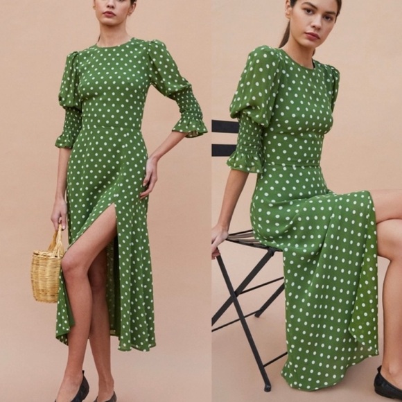 Reformation Dresses & Skirts - Reformation Green Polka Dot Puff Sleeve Midi Dress